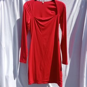 Red Long-Sleeve Square-Neck Bodycon Dress